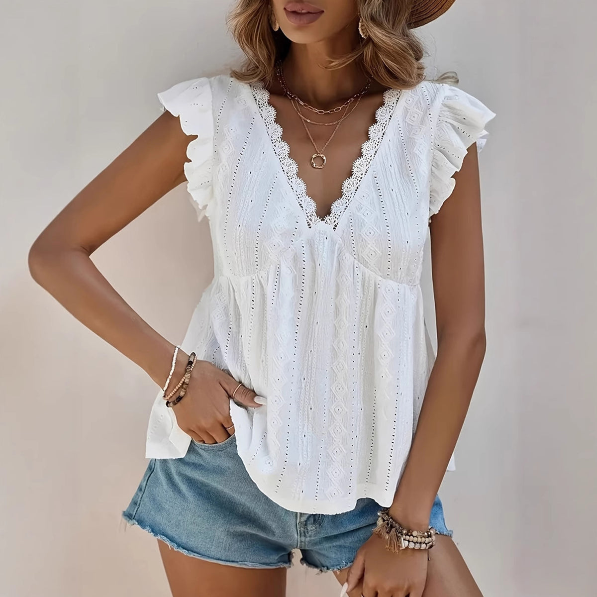 V Neck Ruffle Sleeves Solid Color Casual Tops