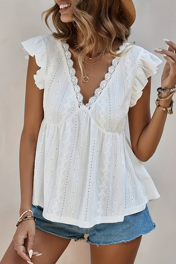 V Neck Ruffle Sleeves Solid Color Casual Tops