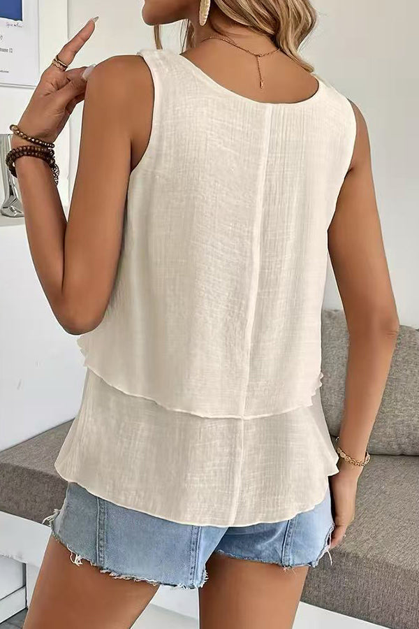 Solid Color Round Neck Layered Casual Tops