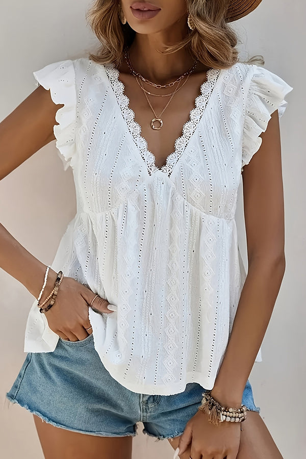 V Neck Ruffle Sleeves Solid Color Casual Tops