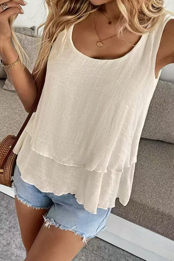 Solid Color Round Neck Layered Casual Tops