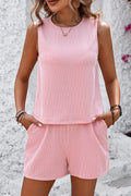 Stripe Print Round Neck Casual Two Piece Set