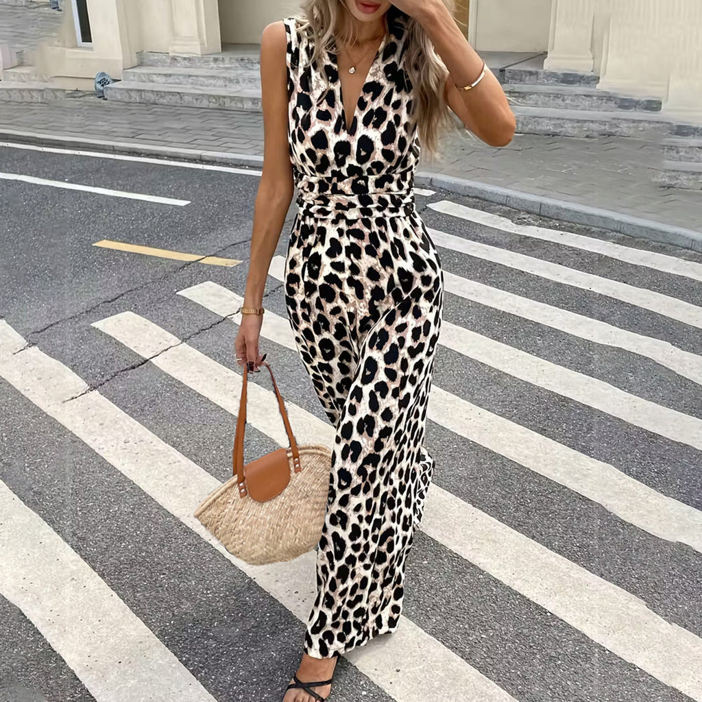 Leopard Print V Neck High Waisted Jumpsuit