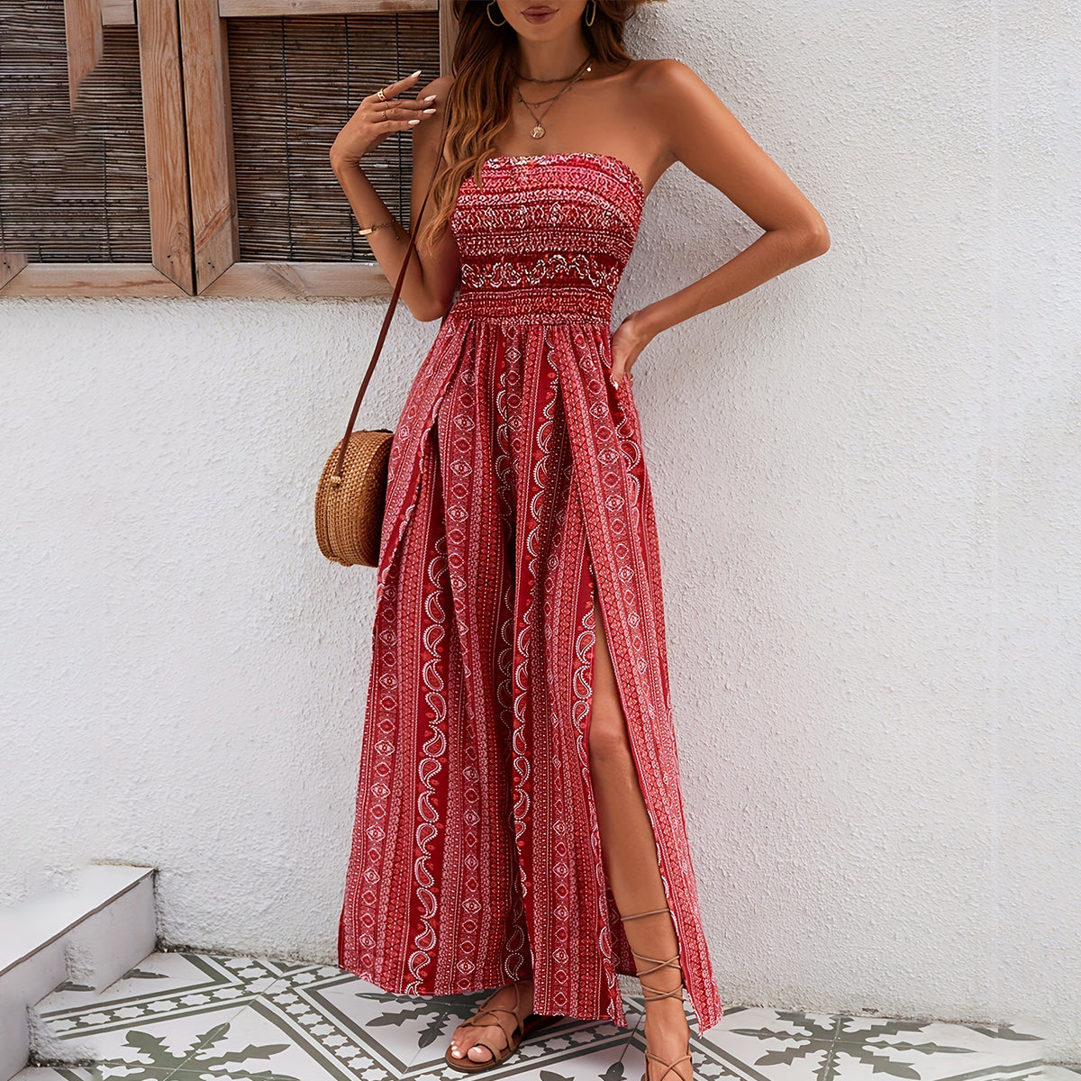 Ethnic Style Bandeau Slit Design Jumpsuit