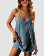 Adjustable Strap Active Mini Dress with Built-In Shorts & Pockets