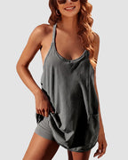 Adjustable Strap Active Mini Dress with Built-In Shorts & Pockets